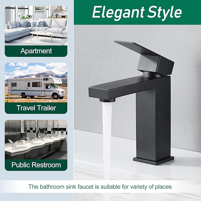 VOTON Bathroom Faucet Matte Black, Modern Single Handle Bathroom Faucets for 1 or 3 Hole Bathroom Sink Faucet Mixer Tap Washbasin Faucet with Deck, Pop-up Drain and Supply Hoses