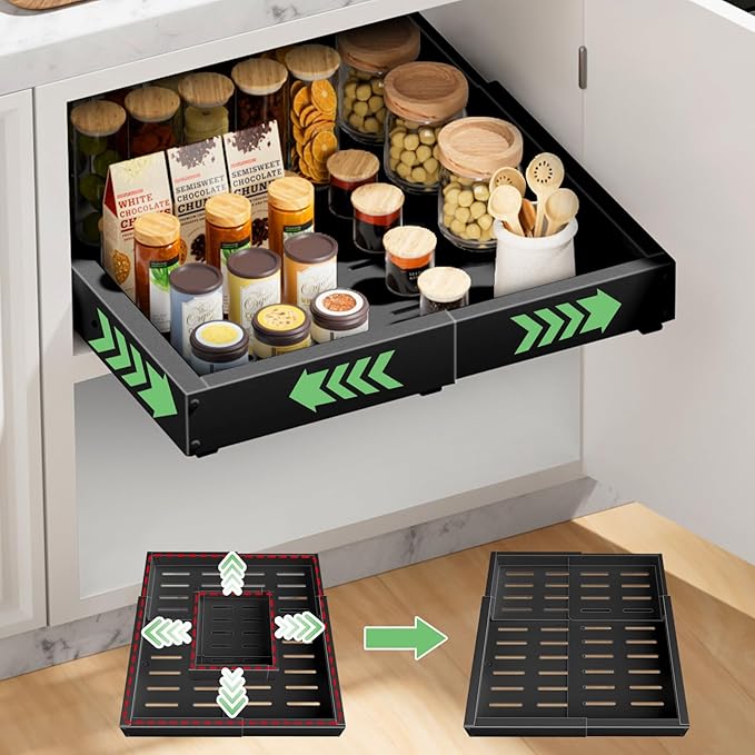 1 Pack Pull out Cabinet Organizer, Width (12"-19") Depth (17"-23"), with 3 Rails Adjustable Slide, Expandable Pullout Drawers for Cabinets, No Drill Adhesive Kitchen Drawers for Pantry Shelves
