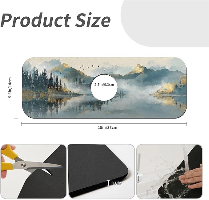 Kitchen Sink Splash Guard，Misty mountains,lake Faucet Mat Sink Gadgets-Super Absorbent Fast Drying Mat Drip Catcher for Kitchen, Bathroom,Sink Mat, Dish Drying Mat, Bathroom(15" X 5.5" )