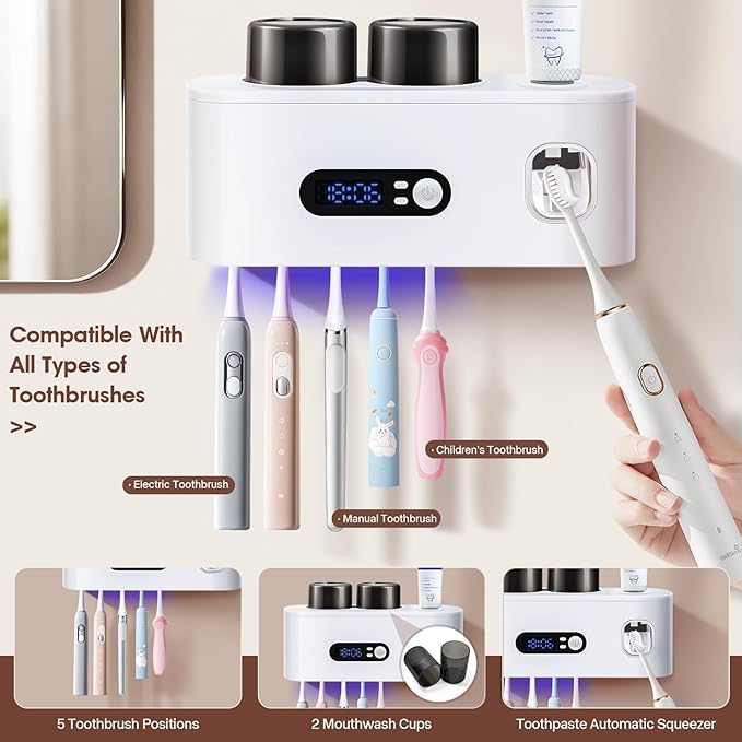 Upgrade Toothbrush Sterilizer,Toothbrush Holder for Bathroom,Tooth Brush Cleaning Tool with Toothpaste Dispenser Wall Mounted Type-C Charging with 2 Cups (White)