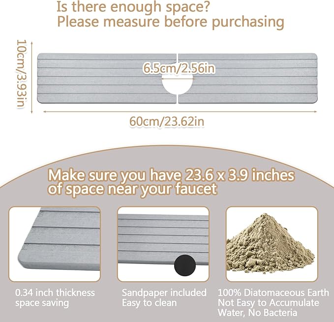 Quick Drying Stone Faucet Mat for Kitchen, Super Absorbent Diatomite Sink Tray Fast Drying Splash Guard, Durable Protector for Kitchen Sink/Bathroom Counter(23.6" x 3.9",Light Grey)