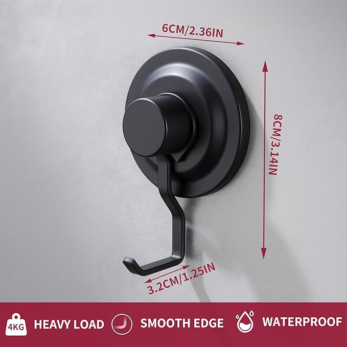 YIGII Suction Cup Towel Hooks - Hanging Hooks on Glass Mirror, Shower Hooks Without Drilling Hanging Loofah, Shower Brush, Robe – Waterproof & Rustproof, Matte Black (4-Pack)