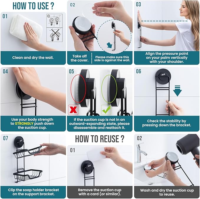 TAILI Soap Holder for Shower - Double Layer Soap Dish with Drain Holes, Rustproof Stainless Steel, Suction Cup Bath Organizer Keeps Sink & Shower Area Dry, Black