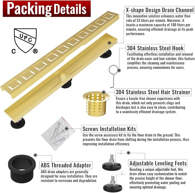 24 Inch Linear Shower Drain, Brushed Gold Shower Drain, Removable Grate, 304 Stainless Steel, Easy to Install and Clean for Bathrooms (Drain Base Not Included), LSD-30A-24G