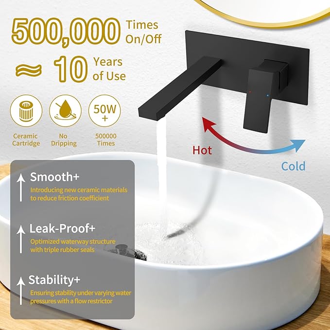 Wall Mounted Faucet, Matte Black, Modern Design, Single Handle, Wall Mounted Installation, Brass, 1 Handle, 1 Piece, JAN83