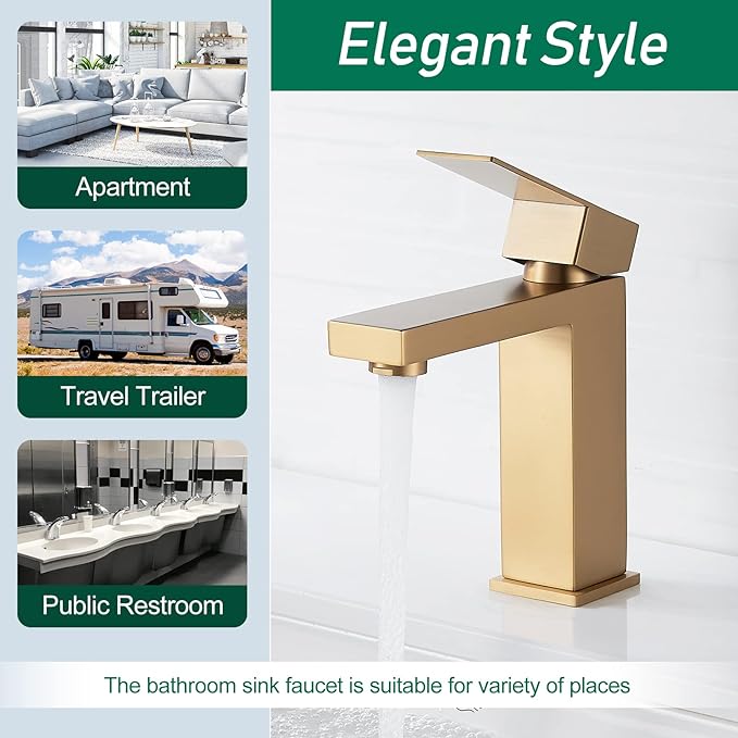 VOTON Brushed Gold Bathroom Faucet, Modern Single Hole Lavatory Vanity Faucet, Single Handle Bathroom Sink Faucet Gold, with Pop Up Drain & Water Supply Hoses