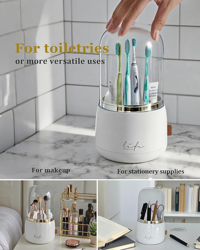 360° Rotating Toothbrush Holder for Bathroom, 7-Slot with Cover & Drainage for Electric Toothbrushes, Toothpaste, Razors - Stand Storage for Vanity, Bathroom Accessories, Countertop Organizer (White)