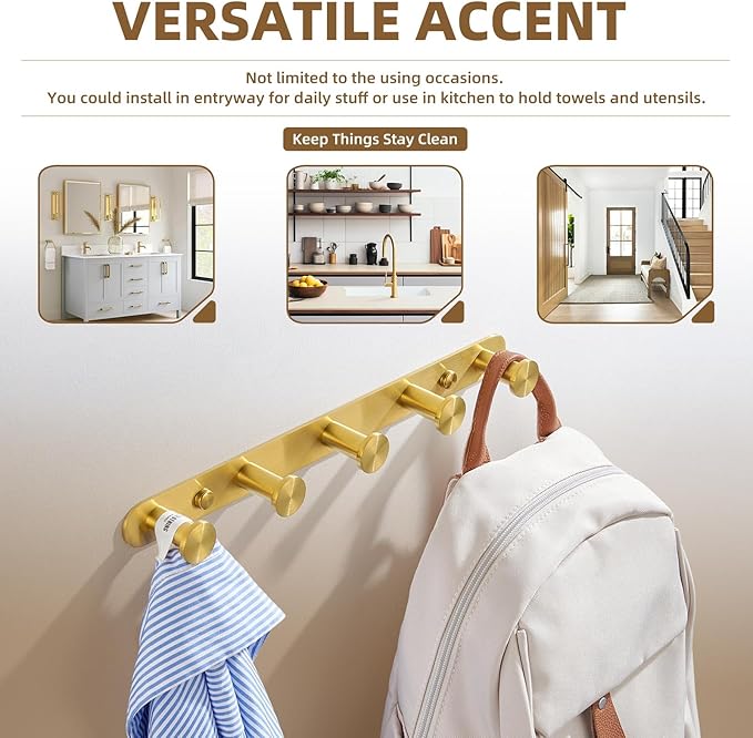 Angle Simple Towel Hook Rack Brushed Dark Gold, SUS304 Stainless Steel Bathroom Hook Rail 5 Hooks, Utility Kitchen Towel Holder, Wall Mount