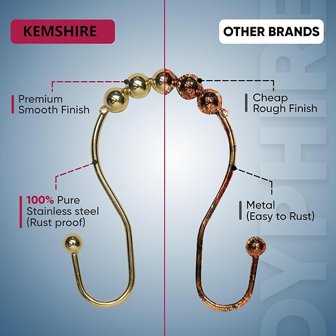 Shower Curtain Hooks Rust Proof (Set of 12) - Stainless Steel Shower Curtain Rings - Anti Slip Roller Balls for Easy Glide (Omega Double Hooks, Polished Gold)