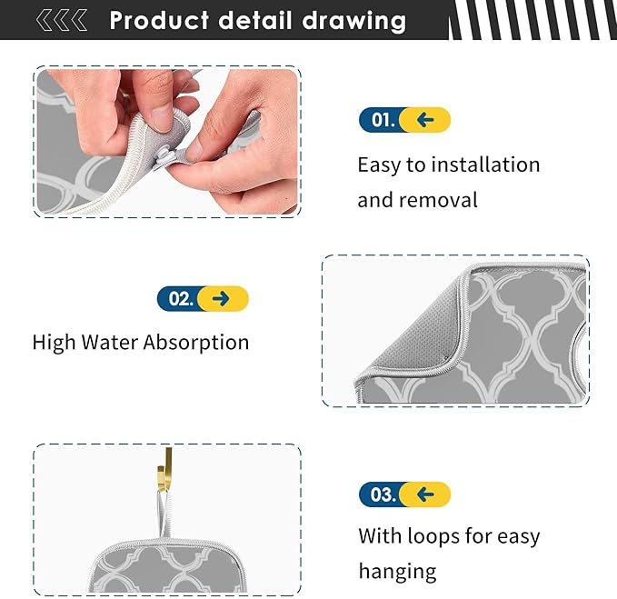 2 PCS Kitchen Sink Splash Guard 30 Inch Faucet Mat for Kitchen Sink Bathroom Sink Faucet Absorbing Drip Drain Mat Pad Microfiber Soft Washable Grey and Black Quatrefoil