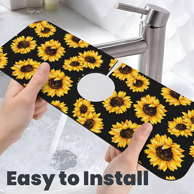 Sunflowers Black Vintage Paingting Kitchen Sink Splash Guard Faucet Mat 1 Pcs, Absorbent Fast Drying Mat Gadgets Splash Guard For Bathroom 15 X 5.5 Inches