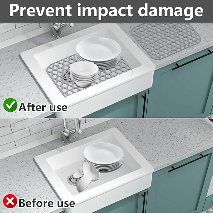 Sink Protectors for Kitchen Sink,2 PCS Silicone Kitchen Mat 13.58"x11.6",Non-Slip Bottom Guard Compatible with Farmhouse/Stainless Steel/Porcelain(Grey)