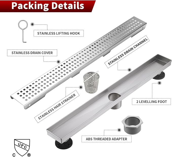 Sharp-tec 32 inch Linear Shower Drain, Brushed Rectangular Floor Drain, V-Shape Design Drain Channel, 304 Stainless Steel, cUPC Certificated for Bathroom Shower Room (Drain Base is Not Included)