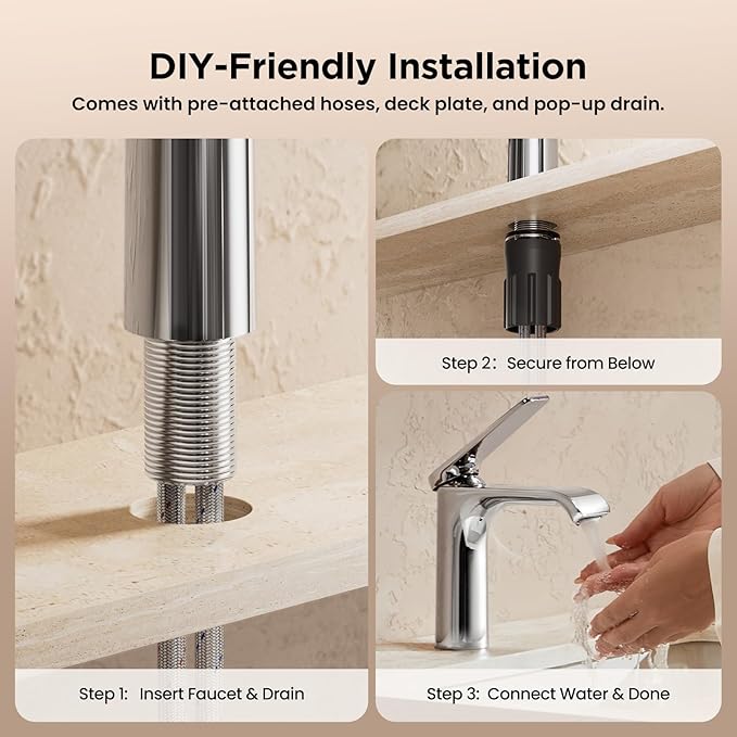 JOMOO Waterfall Bathroom Faucets, Modern Single Handle Bathroom Sink Faucet for 1 or 3 Holes, Washbasin Faucet with Deck, Pop-up Drain and Supply Hoses