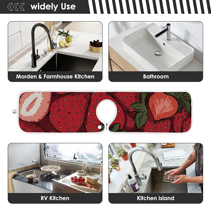 2 PCS Kitchen Sink Splash Guard 14.9 Inch Faucet Mat for Kitchen Sink Bathroom Sink Faucet Absorbing Drip Drain Mat Pad Microfiber Soft Washable Pink and Red Strawberry Flowers