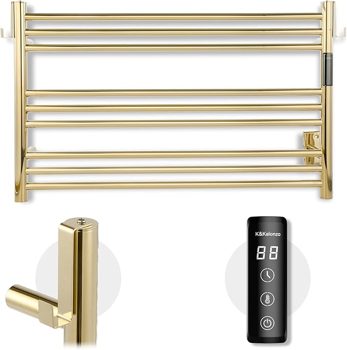 K&KALONZO Towel Warmer for Bathroom, Wall-Mounted 9-Bar Heated Towel Rack with Built-in Timer, Waterproof Electric Towel Heater, Support Plug-in and Hardwired, Polished Gold, EL13M