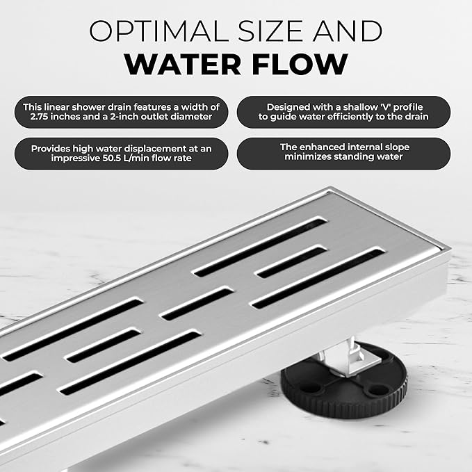 36 Inch Rectangular Linear Shower Drain Set with Brick Pattern Grate, 304 Stainless Steel Bathroom Floor Drain with Hair Catcher, Shower Floor Drain Includes Adjustable Leveling Feet