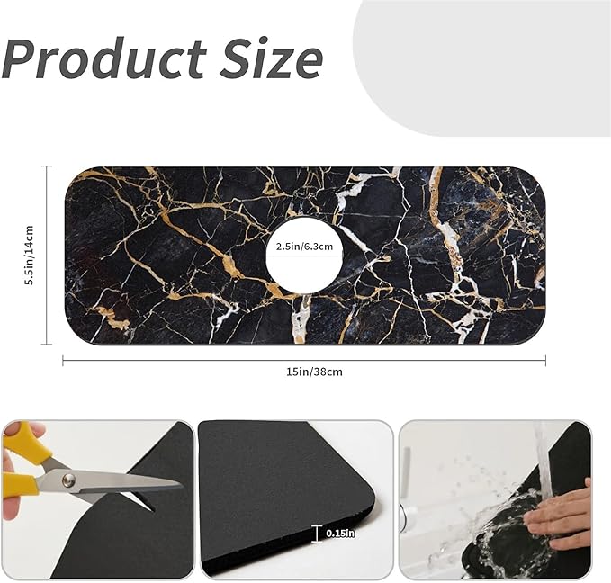 Kitchen Sink Splash Guard，Black marble with yellow and white Faucet Mat Sink Gadgets-Super Absorbent Fast Drying Mat Drip Catcher for Kitchen, Bathroom,Sink Mat, Dish Drying Mat, Bathroom(15" X 5.5" )