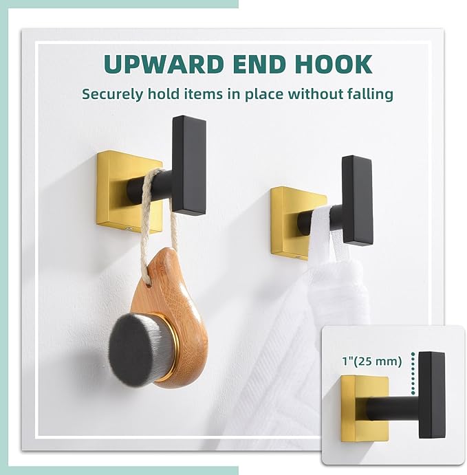 APLusee Robe Towel Hook 2 Pack Black Gold, 304 Stainless Steel Square Coat Hook, Bathroom Kitchen Towel Hanger Wall Mounted