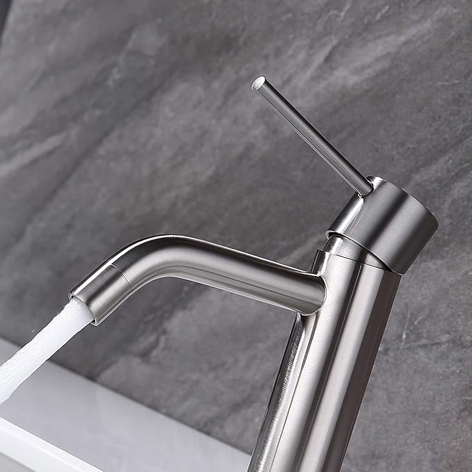 Brushed Nickel Single Hole Bathroom Faucets Single Handle, JXMMP Brushed Bathroom Vanity Sink Faucet with Pop Up Drain Assembly and 6 inch Deck Plate