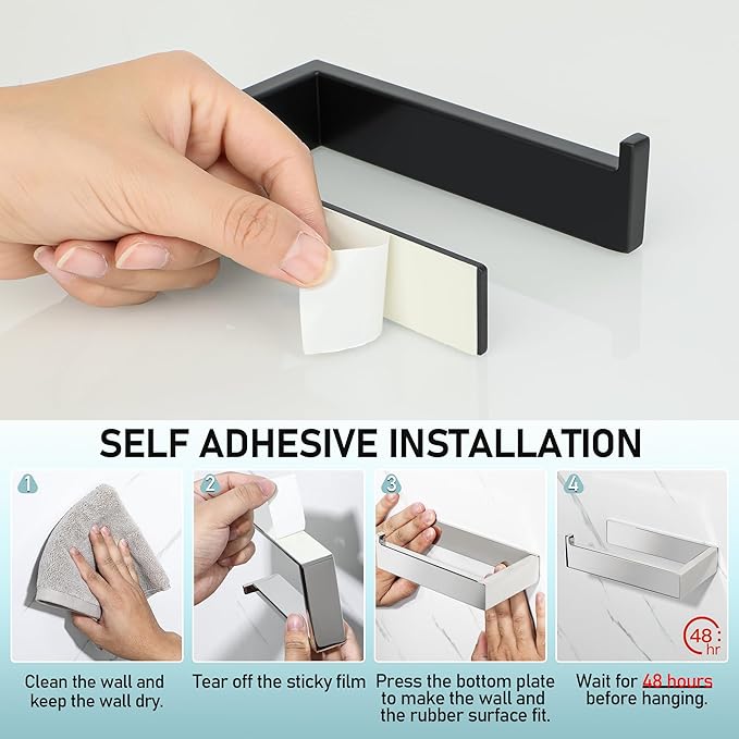 SAYAYO Self Adhesive Toilet Paper Holder Wall Mount, Modern Matte Black Stick on Toilet Paper Roll Holder for Bathroom Square, SUS304 Stainless Steel Turn Left Direction
