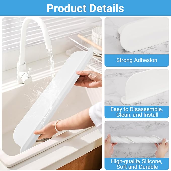 19.29 inch Silicone Sink Splash Guard, Splash Guard for Kitchen Sink Area, Backsplash Protector for Kitchen Countertop & Bathroom Bathtub with Non-Slip Strong Suction, White, Pack of 2