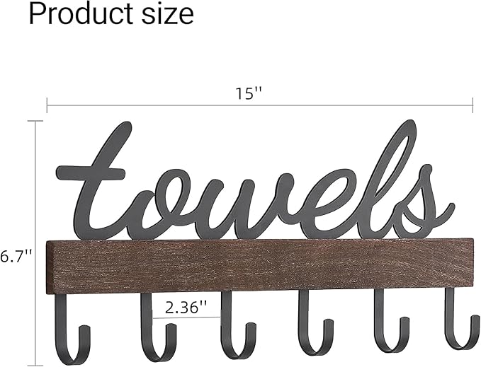 Dahey Small Towel Rack with 6 Hooks, Towel Holder Wall Mount Bathroom Organizer Rustic Farmhouse Home Decor Hanger Storage Hooks for Towel, Robe, Bag, Brown