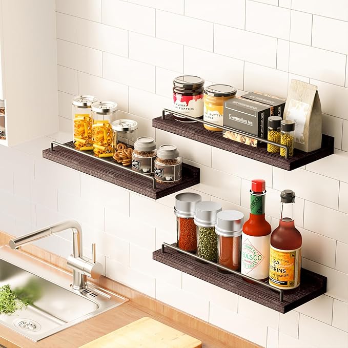 Floating Shelves, Bathroom Decor Shelves Over Toilet, Farmhouse Wall Shelves for Living Room, Bedroom, Picture Frames, Plants, Kitchen, Set of 3 (Walnut Brown)