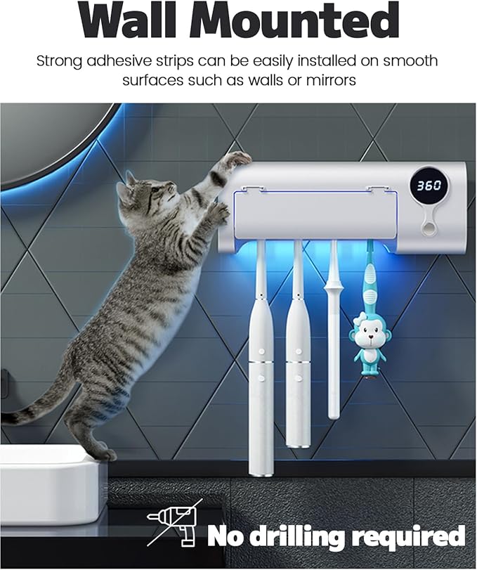 MIMORE Toothbrush Holder, 4 Toothbrush Slots & Timer Function, Cordless Wall Mounted Toothbrush Holders for Bathrooms