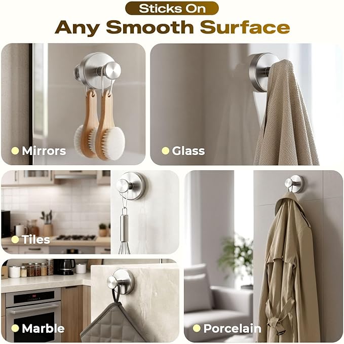 Upgraded Suction Cup Hooks for Shower, Heavy Duty Removable Towel Hooks for Bathroom Glass Door Wall, Stainless Steel Shower Hooks for Towel & Loofah (2 Pack, Silver)