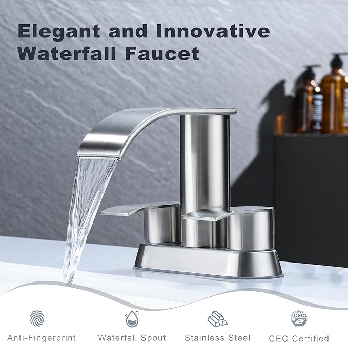Ultimate Unicorn Waterfall Bathroom Sink Faucet Brushed Nickel, Two Handles Bathroom Faucet with Metal Pop up Sink Drain Stopper, Two Or 3 Holes Bathroom Basin Mixer Tap with Deck Mount Plate