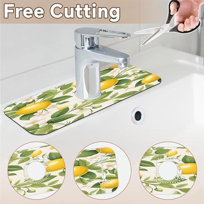 Lemon Blossom Pattern Kitchen Faucet Mat Splash Guard, 15.4”x5.7” Absorbent Quick Drying Sink Mat for Countertop Protection, Draining Mat Sink Protectors For Kitchen Bathroom, 2 Pack