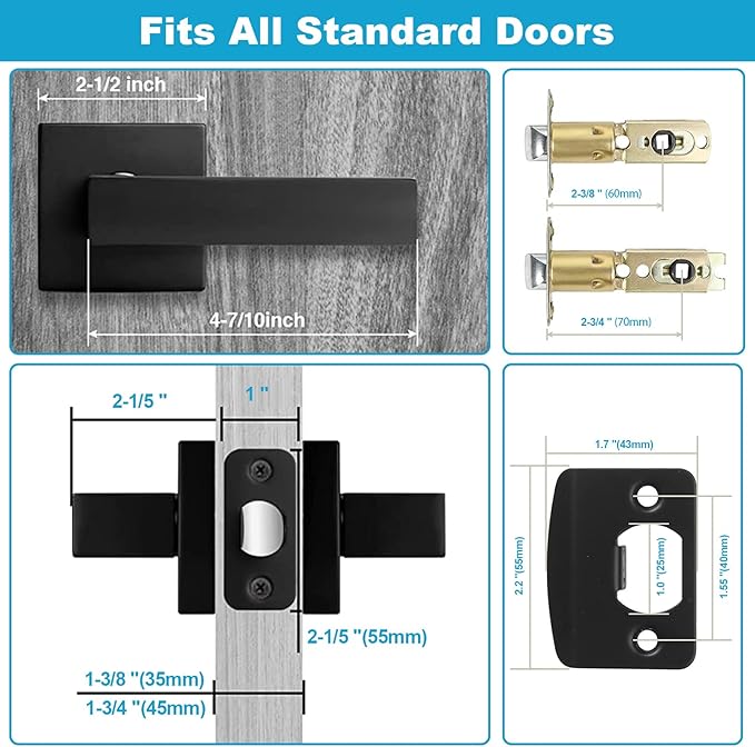 Estmoon 2 Pack Passage Door Levers, Matte Black Door Knobs Interior Square Door Handles, Heavy Duty Non-Locking Leversets Hall Closet Handles, Reversible for Right & Left Sided Doors