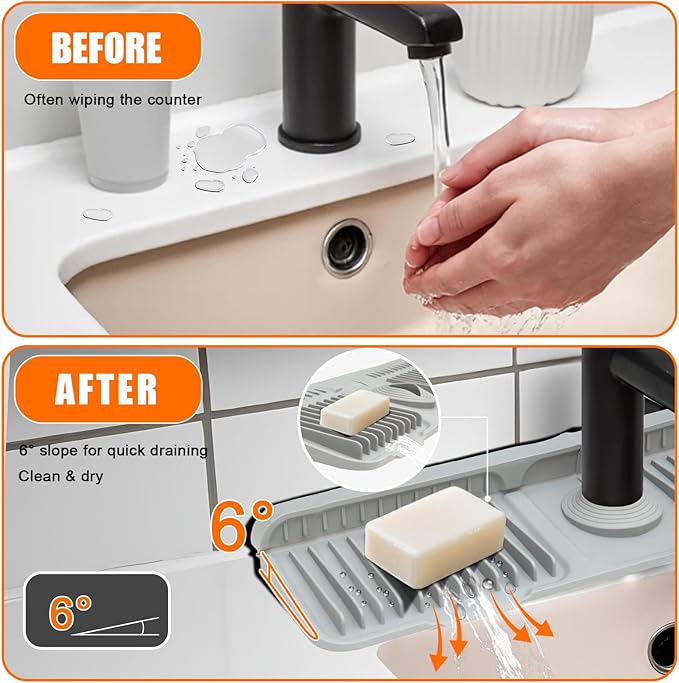 Gray 24" Button Style Faucet Drip Catcher – Silicone Faucet Mat for Kitchen Sink, Leak-Proof Splash Guard with 6° Slope | Behind Faucet Draining Mat Easy Gadgets for Bathroom Kitchen Countertops
