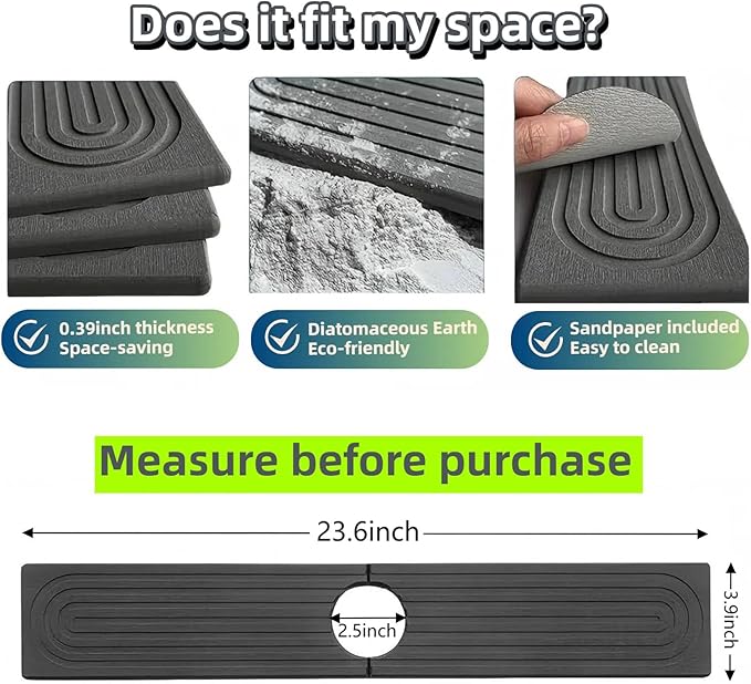 TuBon Diatomite Faucet Mat,Faucet Splash Guard for Bathroom Counter and Kitchen Sink, Fast-Drying, Grey, 23.6" x 4"