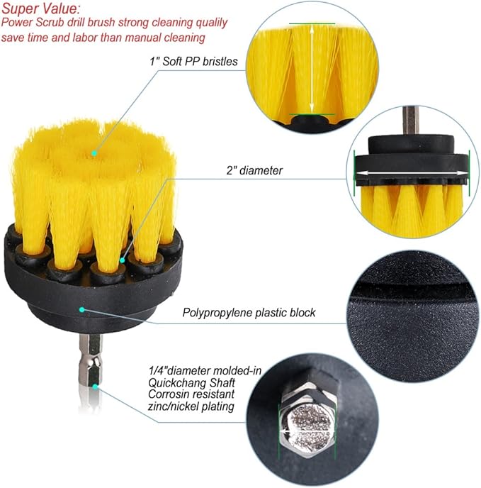 HIFROM Drill Brush - 2" Soft and 3" 4" Medium Power Scrubbing Brush Drill Attachment for Cleaning Showers Tubs Bathrooms Tile Grout Carpet Tires Boats Upholstery (Pack of 3)