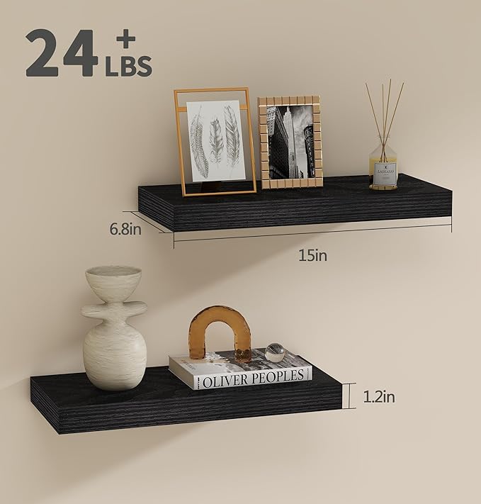 Vervida® Black Floating Shelves for Wall, Rustic Wood Wall Mounted Shelves with Invisible Brackets for Decor & Storage, Floating Shelf for Living Room, Bathroom (Set of 2)
