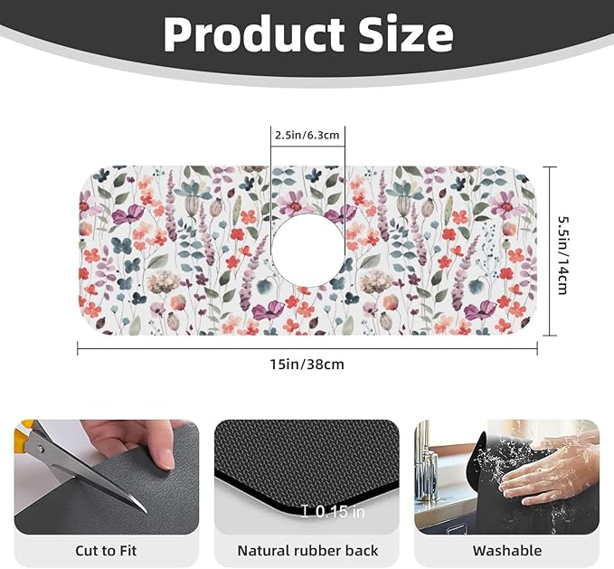 Vintage Watercolor Floral Flowers Abstract Leaves Kitchen Sink Splash Guard Faucet Mat Super Absorbent Fast Drying Mat Sink Gadgets-Fast Drying Pad Sink Mat For Kitchen Bathroom (15" X 5.5" )