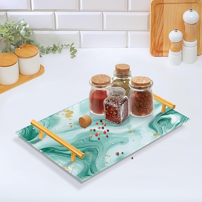 Watercolor Teal Marble Acrylic Serving Tray with Handles Bathroom Counter Trays Marbling Stone Decorative for Coffee Kitchen Desk Organizer Makeup Storage Tray