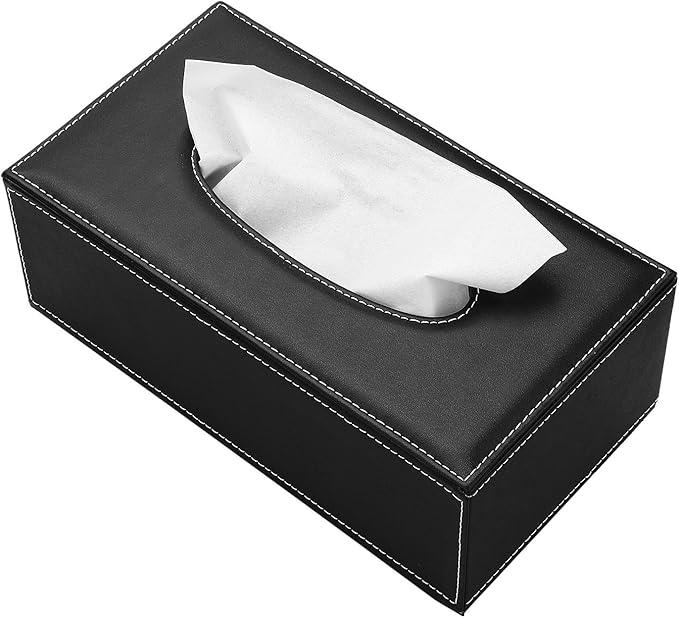 KINGFOM Rectangular PU Leather Tissue Box Cover - Facial Tissue Paper Napkin Holder for Bathroom, Home, Office, Car Automotive Decoration with Magnetic Bottom(Black)