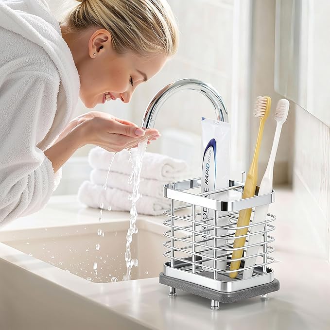 Shinowa Toothbrush Holder Wall Mounted for Bathroom, Stainless Steel Electric Toothbrush Toothpaste Holder with Fast Dry Tray, 2 Slots Adhesive and Countertop Bathroom Accessories Organizer, Silver