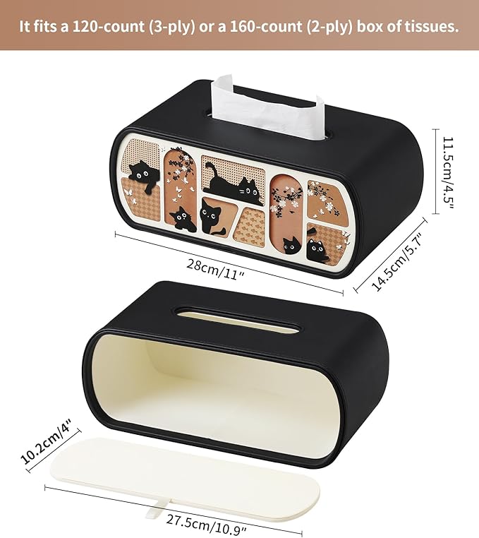 Kitty Cat Tissue Box Cover Rectangle, 4 Inches High Tissue Box Holder for 120(3-Ply)/160(2-Ply) Count Boxes, Stylish Curved Edge Tissue Holder for Bathroom Living Room Car Office (Black)