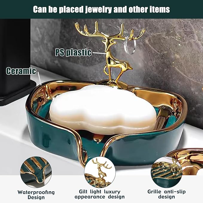 Soap Dish, Luxurious Ceramic Soap Dish Self Draining Soap Holder Tray Easy Cleaning Soap Saver for Shower Bathroom Kitchen Sink Bathtub Hotel Travel(Green Painted in Gold)