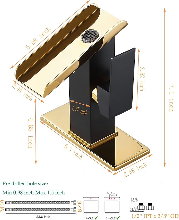 One Hole Bathroom Faucets LED Waterfall Spout Black and Gold RGB 3 Colors Light Changing Temperature Lavatory Vanity Sink Faucet Brass Single Handle Modern Washbasin Bath Tap Commercial Residential