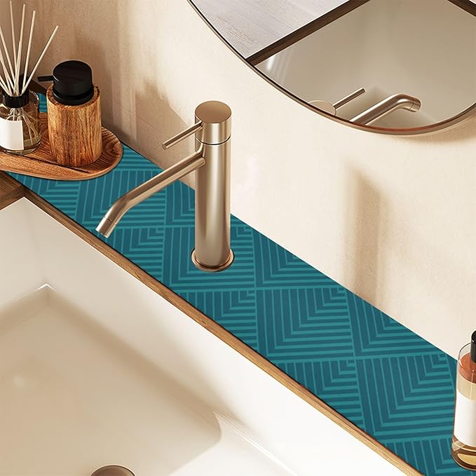 Kitchen Sink Splash Guard 2 PCS 30 Inch Sink Faucet Mat Splash Guard for Bathroom Countertop Water Absorbent Foldable Cuttable Soft Washable Dark Green Geometric Art