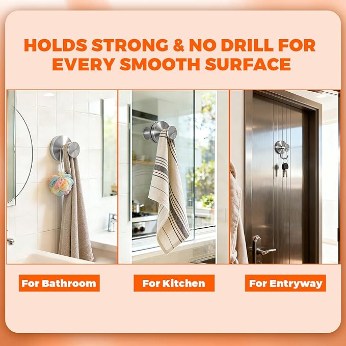 2026 Upgraded Drill-Free Suction Cup Hooks, Stainless Steel Suction Cup Hooks for Shower, Mirror, Wall, Bathroom, Glass, Hanging Towels - 6 Pack