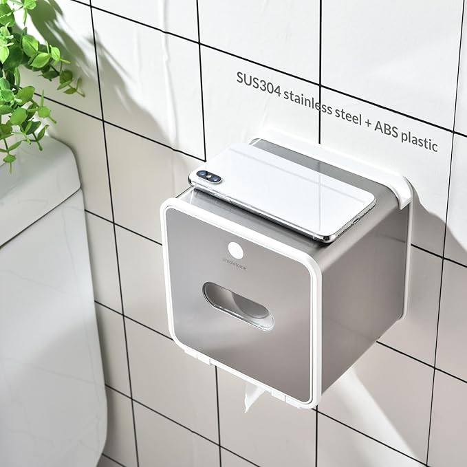 simpletome Toilet Paper Holder Wall Mount with Shelf Waterproof Adhesive or Drilling Install (Silvery, SUS304+ABS Plastic)