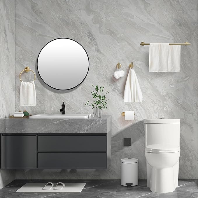5Pcs Bathroom Hardware Set, Towel Racks for Bathroom Wall Mount, Stainless Steel Towel Bar Set with Toilet Paper Holder Hand Towel Holder Robe Hook Accessory Kit, Brushed Gold