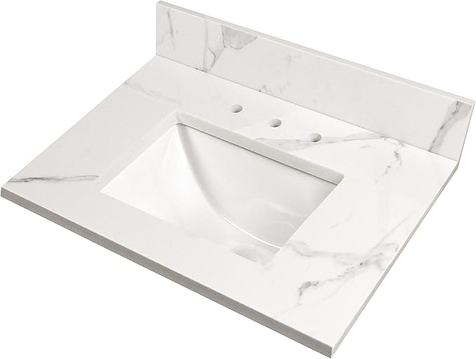 MSI Calacatta Nowy Vanity Top with Under Mount Rectangle Ceramic Sinks, Engineered Marble Stone, 4" CC Faucet Holes, 37"X22"