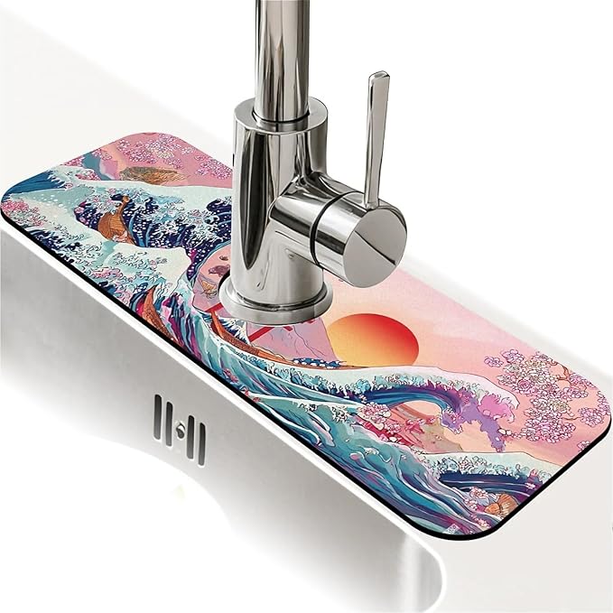 Kitchen Sink Splash Guard，Waves and cherry blossoms Faucet Mat Sink Gadgets-Super Absorbent Fast Drying Mat Drip Catcher for Kitchen, Bathroom,Sink Mat, Dish Drying Mat, Bathroom(15" X 5.5" )